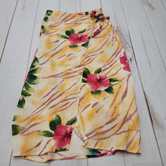 Vintage Jams World wrap midi skirt sarong floral tropical hibiscus yellow - Picture 1 of 7